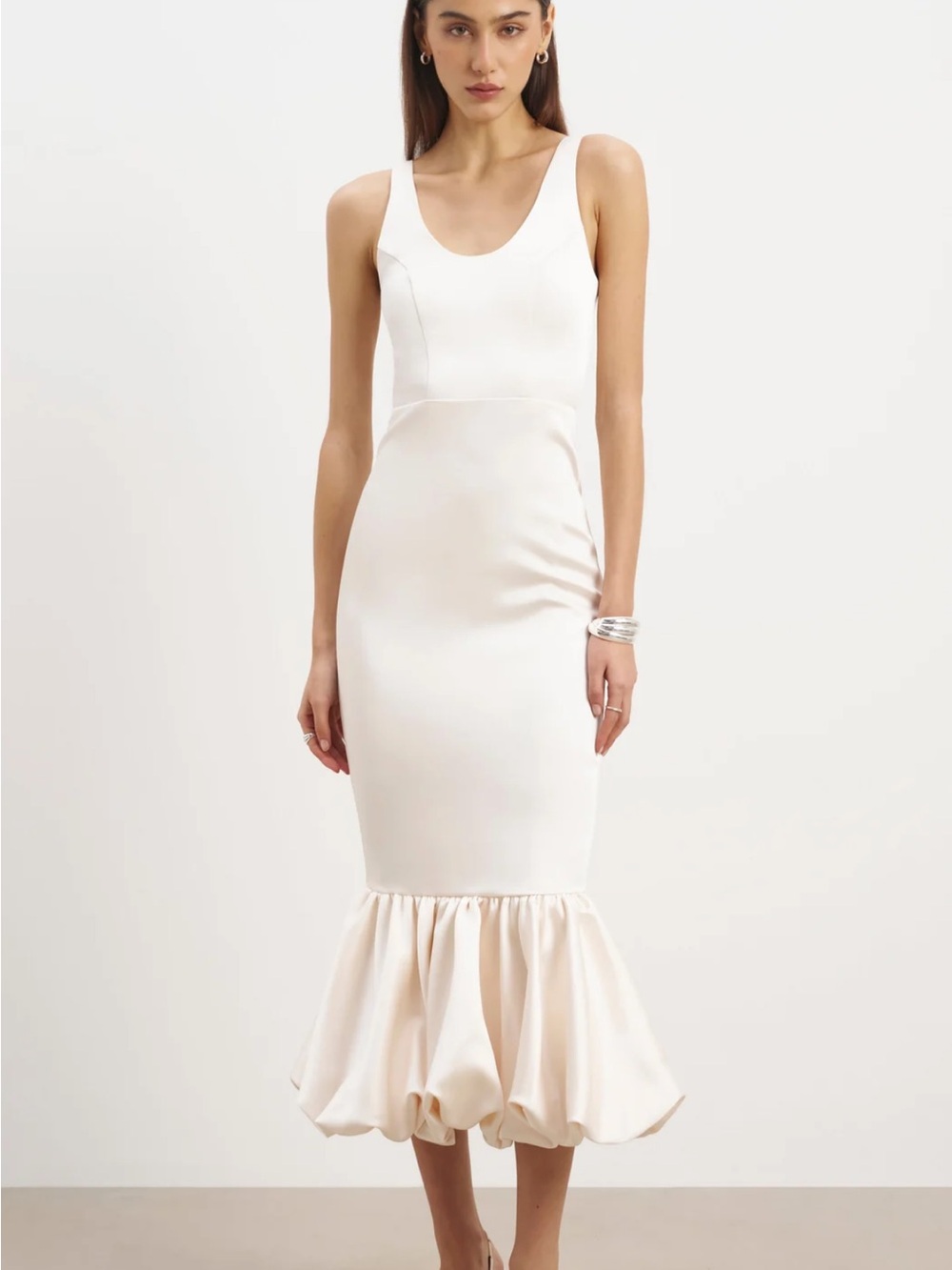 Boa Elegant Cream Scoop Neck Midi Dress with bubble Hem